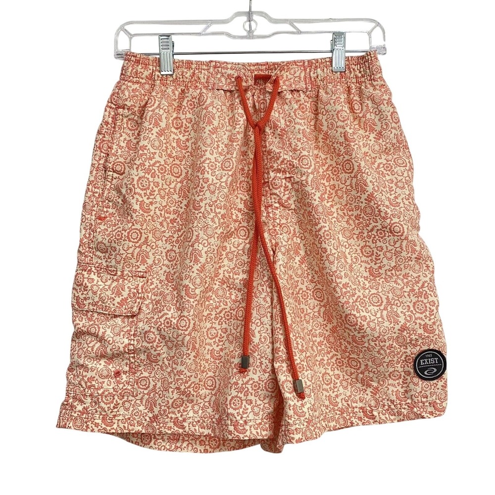 Exist Swim Trunks Mens Medium Orange Floral Paisley Surf Shorts Beachwear